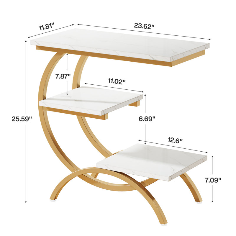 Ensemble de tables de bout en C à 3 niveaux, 2 pièces, White/Gold