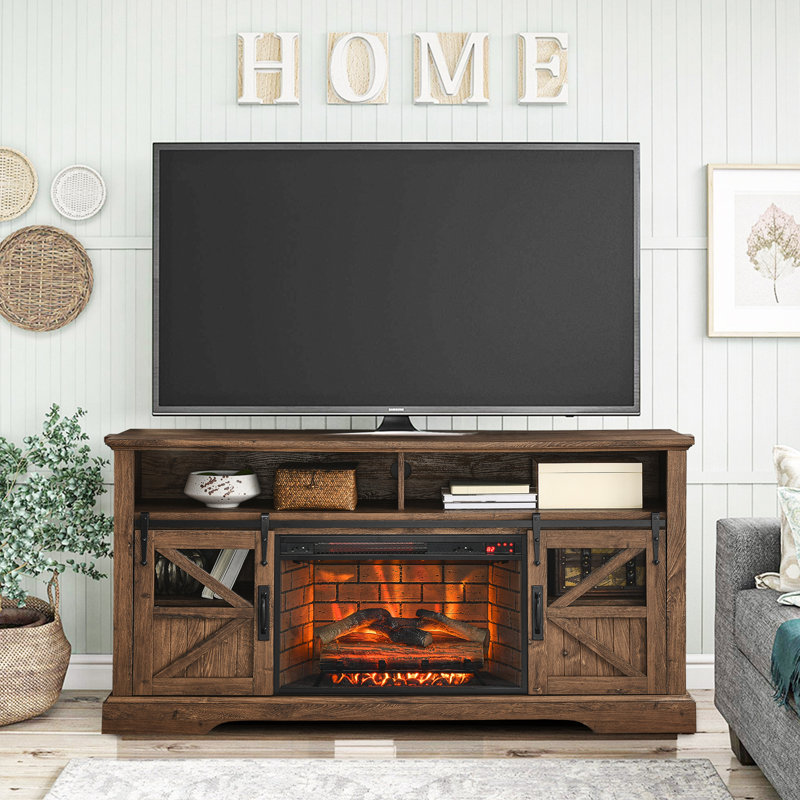 Wilsie 60"W Fireplace TV Stand with Sliding Barn Door, Farmhouse Storage Console for TVs Up to 65'', Reclaimed Barnwood