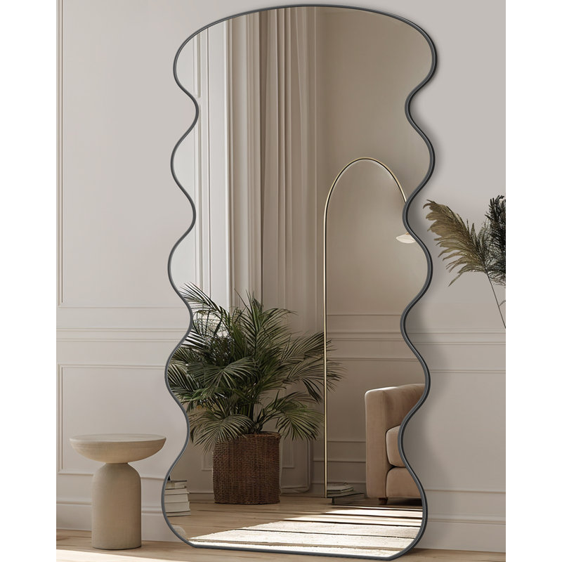 Miroir autoportant pleine longueur, miroir de plancher moderne ondulé avec support pour chambre à coucher, salon, vestiaire, couloir