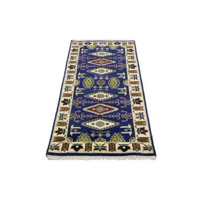 Katron Geometric Handmade Rectangle  2'6 X 6'1 Wool Area Rug Navy Blue