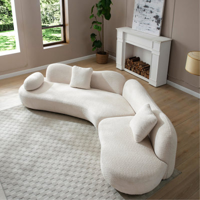 Canapé moderne à cinq places Crescent Boucle, blanc, motif papillon, 2 coussins de relaxation blancs, lignes courbes, structure en bois d'eucalyptus