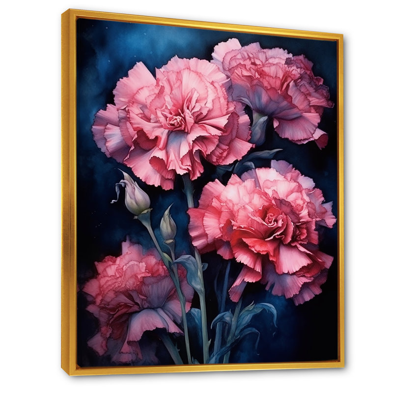 Œillets roses sur encre bleu marine - Œillets, impressions d'art mural, H 32 po x l 24 po x P 1 po, Cadre flottant doré