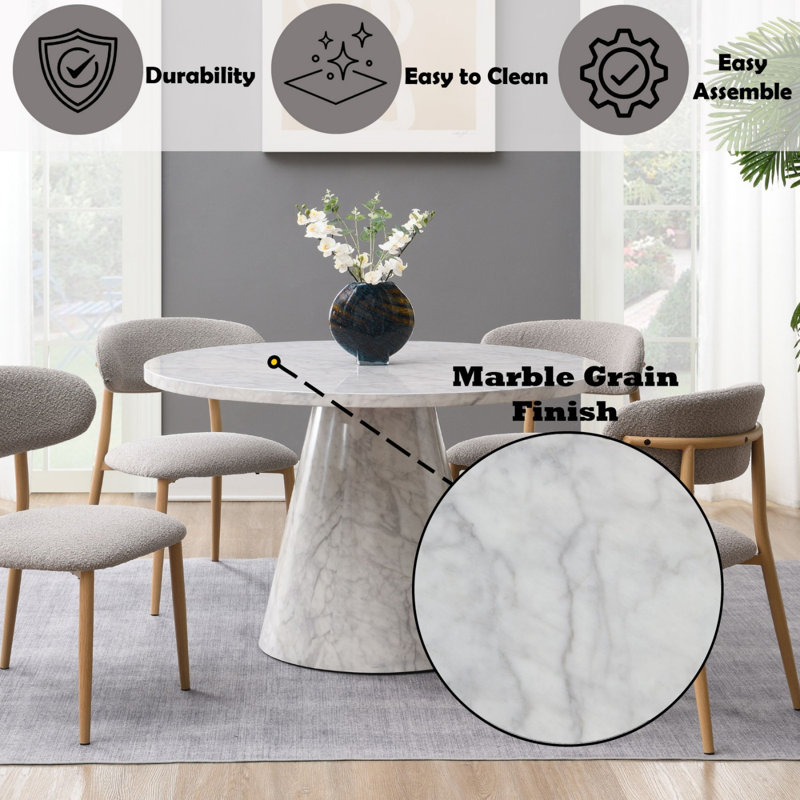 Gray Round Composite Wood Dining Table with Marble Finish