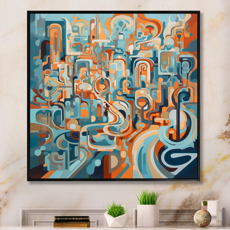 Avah, peinture abstraite de formes et de courbes sur toile, H 30 po x l 30 po x P 1 po, Cadre flottant noir