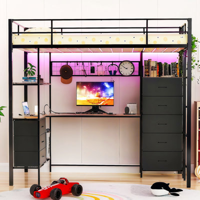 Lit mezzanine avec bureau en forme de L et lumières à DEL RVB, prises de courant intégrées et ports USB, 8 tiroirs et tablettes de rangement, garde-corps de sécurité pour les adolescents et les adultes, cadre de lit de jeu pour économiser de l'espa