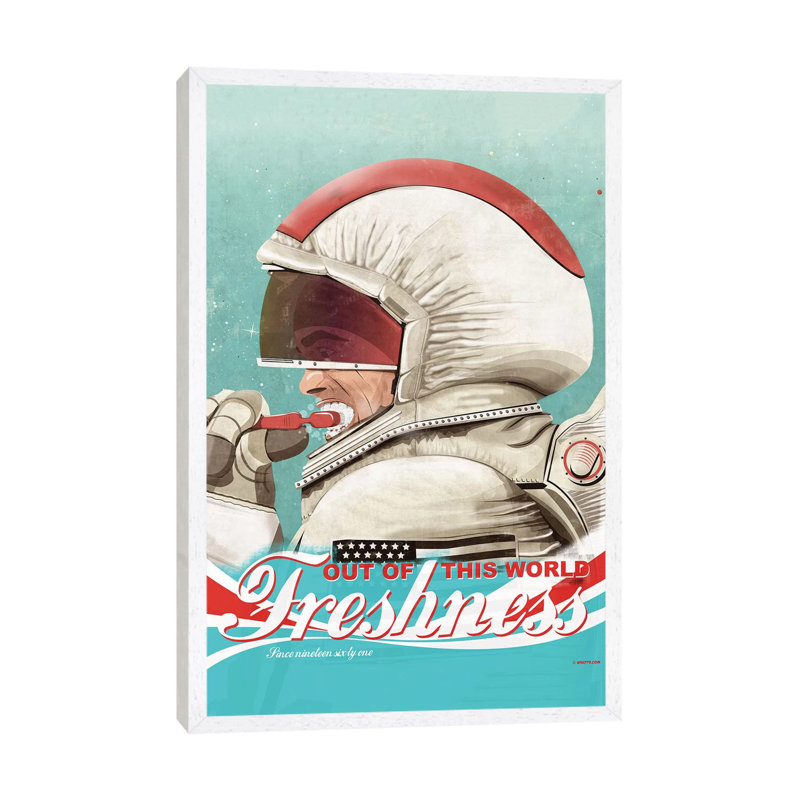 Spaceman Brushing Their Teeth - Painting on Canvas, 66.04 cm H x 45.72 cm W, White Framed