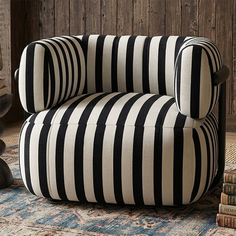 Striped Upholstered Barrel Chair with Fixed Back & Armrest