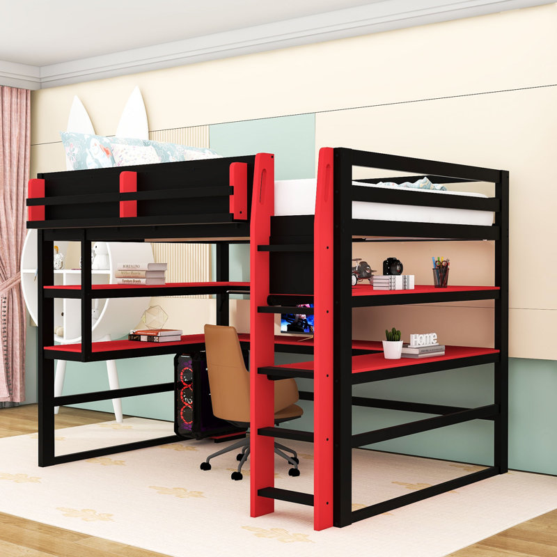 Lit mezzanine avec bureau, lumières RVB, support de rangement latéral et tablettes multiples, Rouge, Double