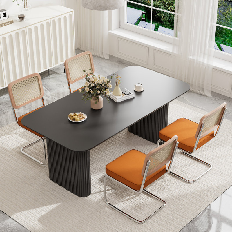 Ensemble de table de salle à manger rectangulaire à double piédestal, 5, Noir, Orange