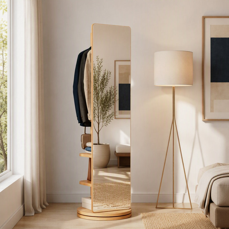 Miroir pivotant sur 360 ° avec portemanteau, cadre en bois massif, peu encombrant, H 68,8 po x l 19,69 po, Bois naturel