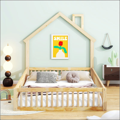 Wood Full Size House Platform Bed With Guardrail