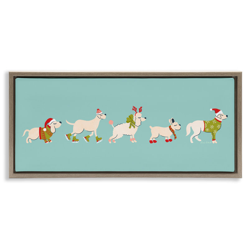 «Festive Dog Breeds», art mural sur toile par Carrie Cantwell, H 14 po x l 31 po, Cadre flottant orme Montalcino