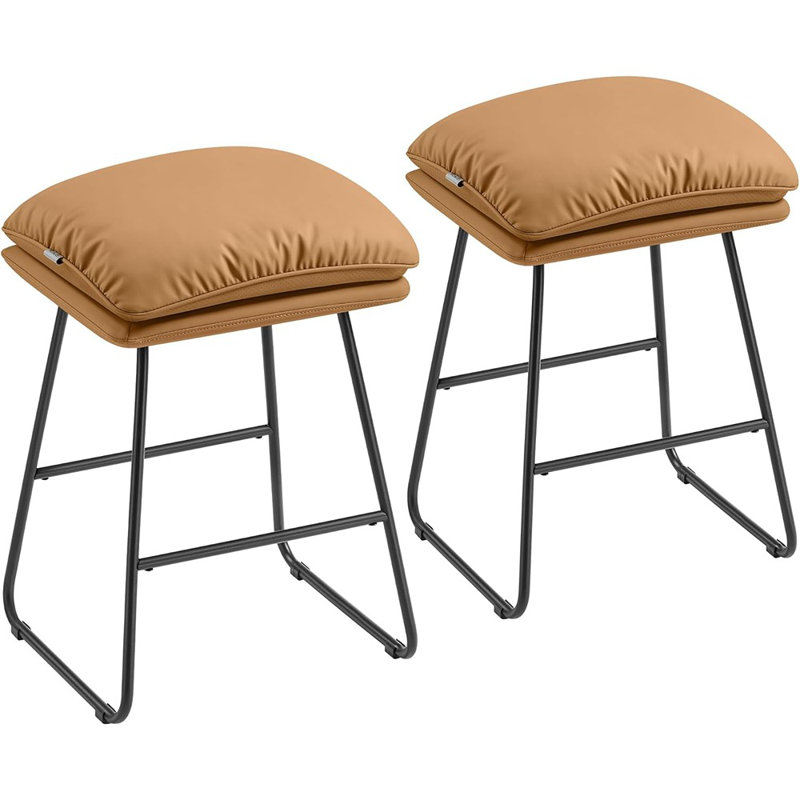 Ensemble de 2 tabourets de bar à hauteur de comptoir, cuir rembourré avec coussin souple et pieds en métal, brun caramel