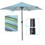 Parasol de patio de 9 pi à rayures bleues, forme de pavillon hexagonal, protection 40+ Upf, inclinaison à bouton-poussoir, système de manivelle, évent pour stabilité, parasol extérieur, auvent rayé, levage à 45 degrés, poteau en acier et