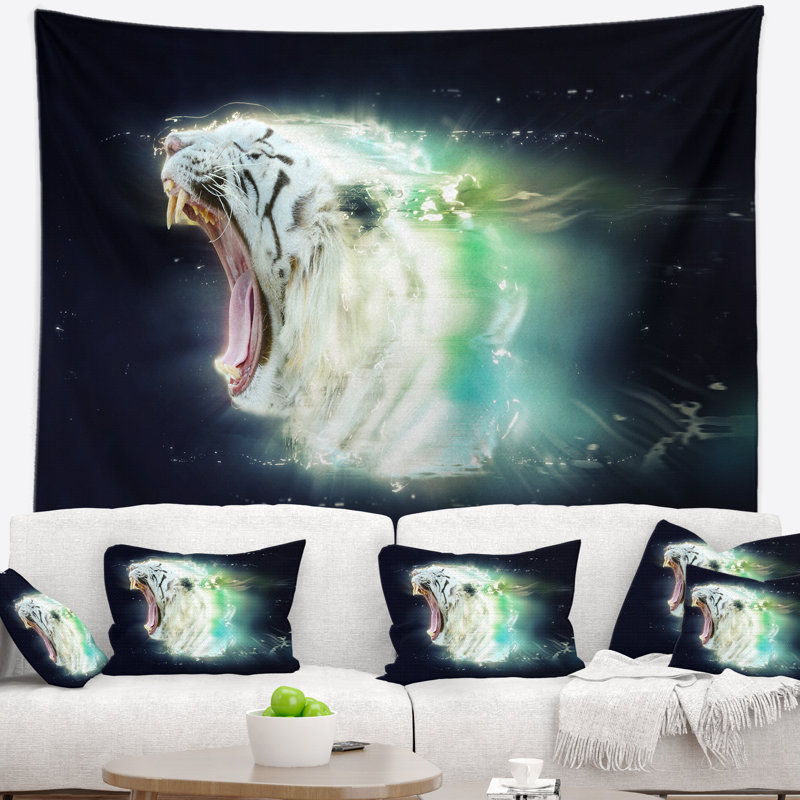Tapisserie «White Tiger» avec mâchoires ouvertes, H 50 po x l 60 po