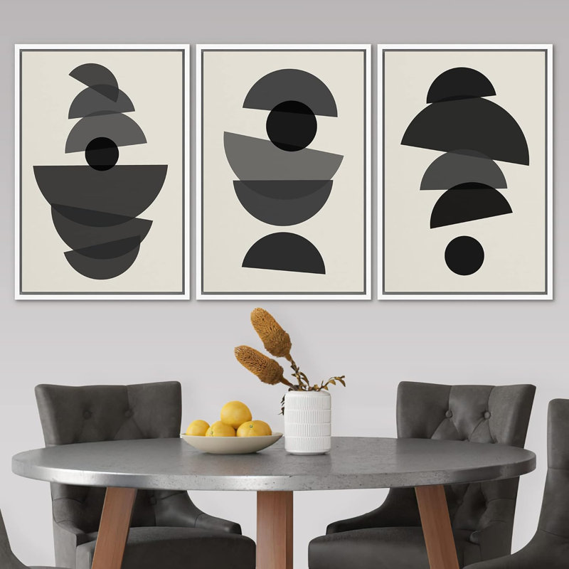 Abstract Geometry " Circles Between Semi-Circles Abstract Shapes Neutral Mid Century Modern Art Black And White " 3 - Pieces