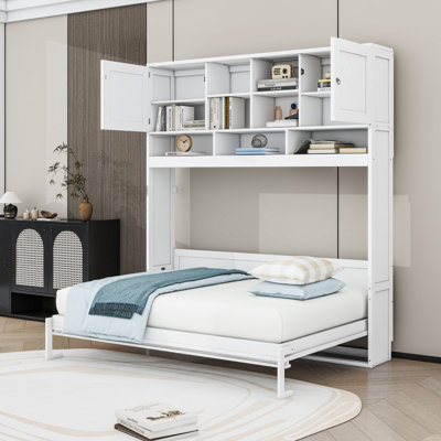 Grand lit escamotable en bois avec tablettes