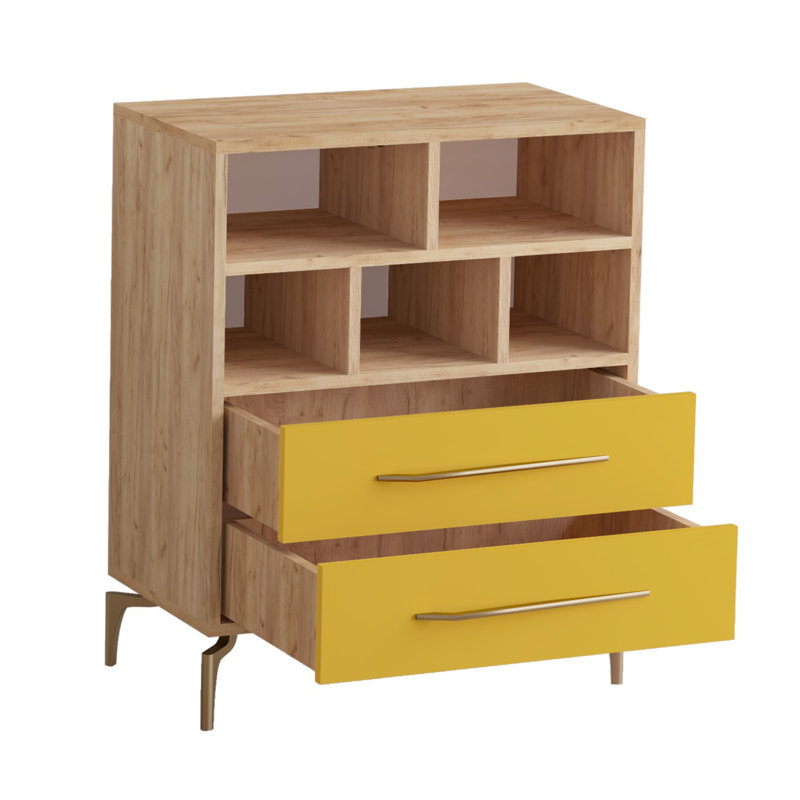 Commode décorative 2 tiroirs, Jaune / chêne