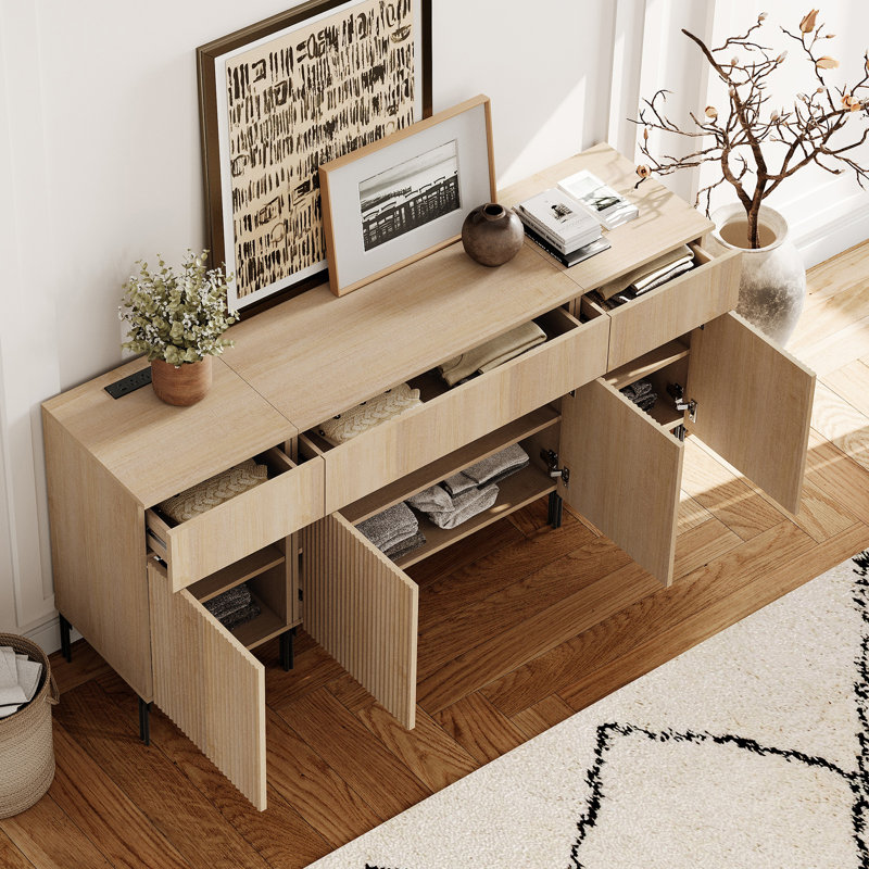 63" Wooden Reeded Sideboard With Doors And Drawers, 3-In-1 Modern Credenza With Charging Station For Kitchen, Dining Room