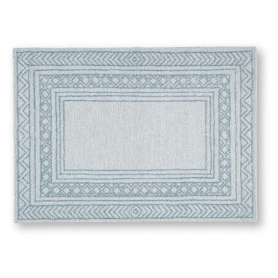 Tapis touffeté à la main Hazel, bordure géométrique bleue, laine gris ivoire 5 x 7