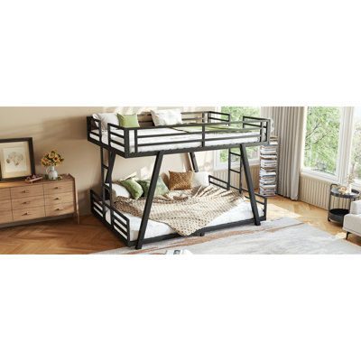 Queen Over Queen Bunk Bed With 2 Side Ladders, Metal Bunk Bed With Spdcial Support Leg Design, Low Profile Bunk Bed, Black