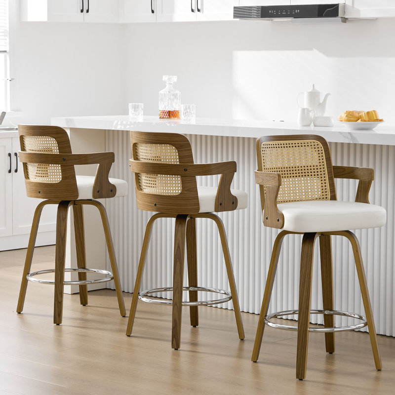 26.77" Upholstered Cane Back Counter & Bar Stool With Armrest, White