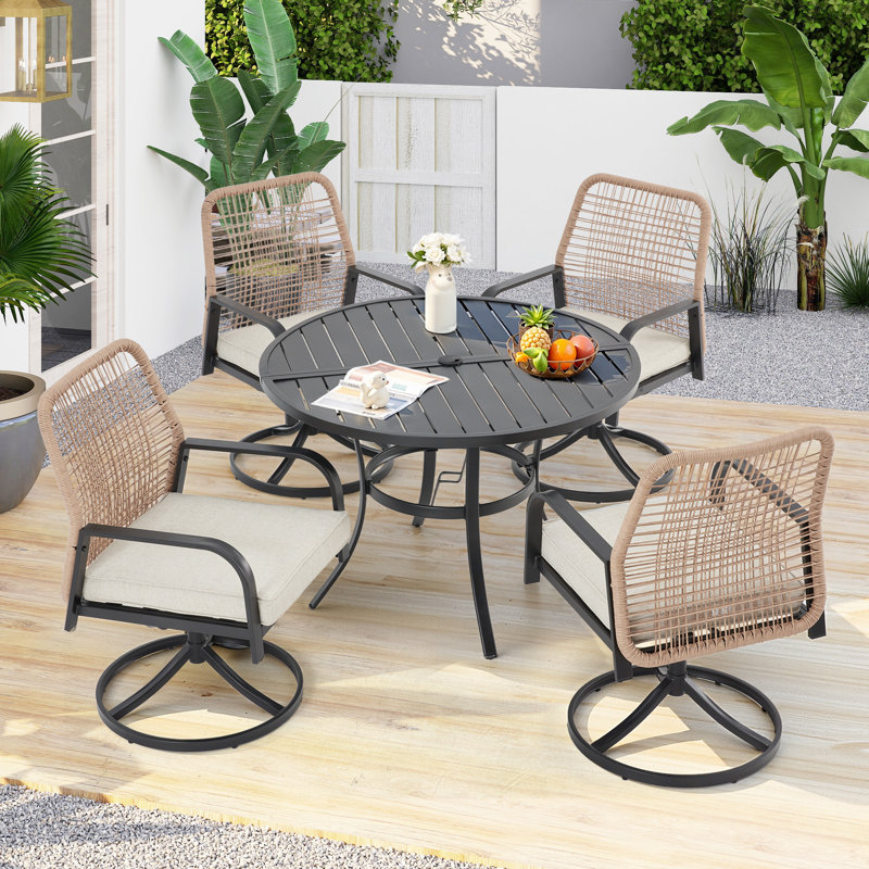 5 Pieces Outdoor Patio Dining Set, 4 Woven Rattan Swivel Chairs With Cushions & Metal Round Table With 1.96” Umbrella Hole, All-weather Patio Table Set For Lawn Garden Deck 