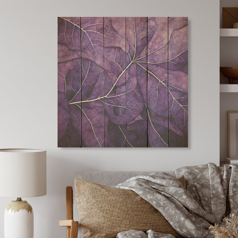 Minimalist Violet Veins Foliage I - Leaves Wood Wall Art On Natural Pine Wood, 30" H x 30" W