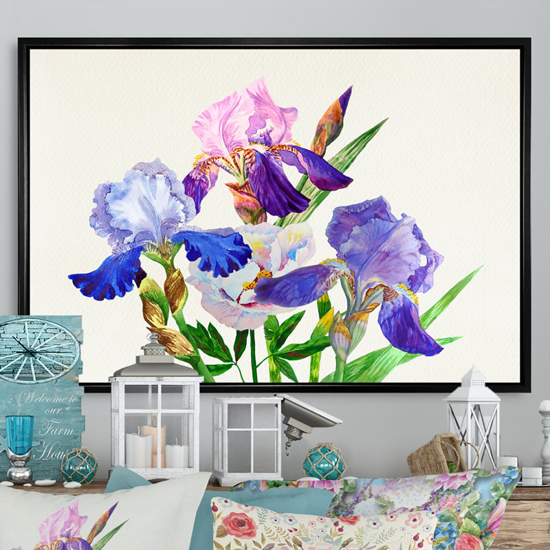 «Iris bleu et mauve en été III», reproduction sur toile flottante, H 24 po x l 36 po x P 1 po, Cadre flottant noir