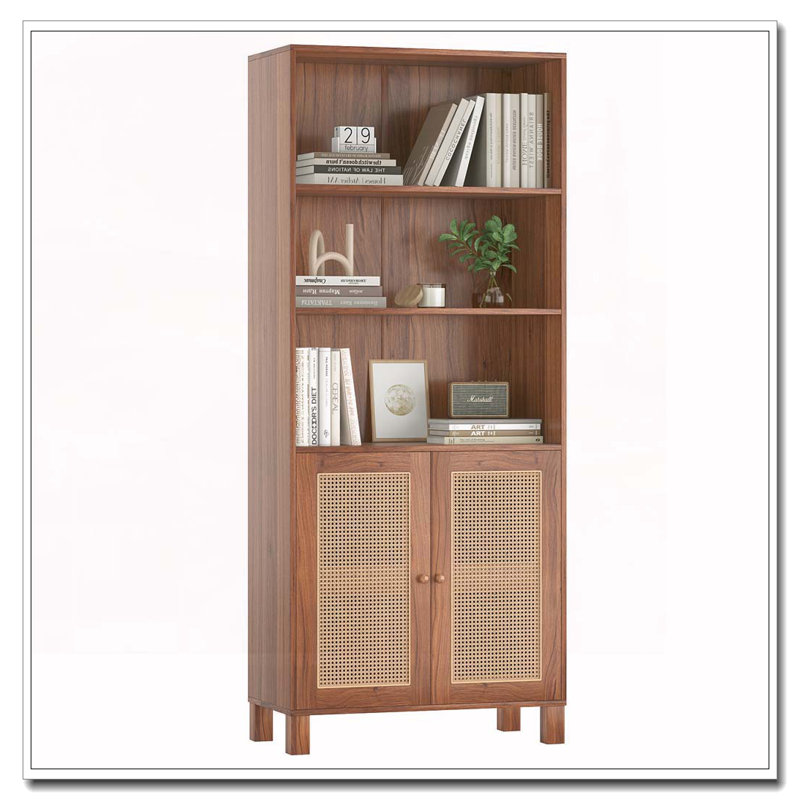 Bookcase with Rattan Doors,5 Tier Storage Wood Shelves, Natural
