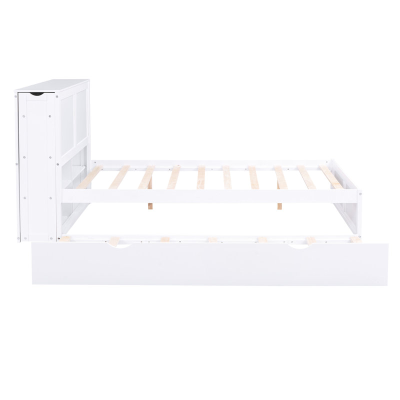 Lit double blanc avec rangement et lit gigogne simple - Construit pour une plateforme de chambre à coucher confortable avec 4 tablettes en bois massif