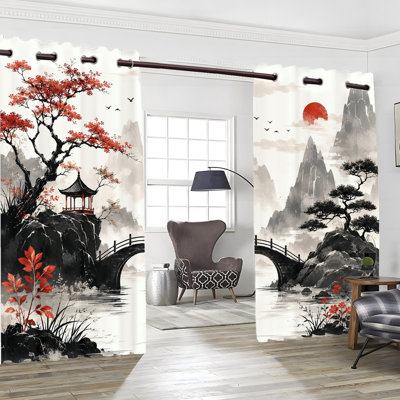 2 pièces de rideaux occultants avec œillets, tissu japonais à imprimé de paysage japonais de pont de pagode de montagne rétro, rideaux isolants et isolants thermiques avec protection de la vie privée, décoration intérieure pour le salon de la chambre à coucher