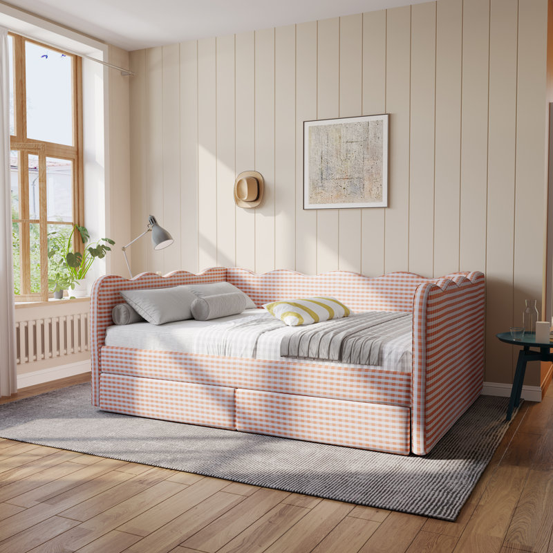 Gingham Daybed With 2 Storage Drawers And Usb Port, Wave-Shaped Design, Queen, Pink