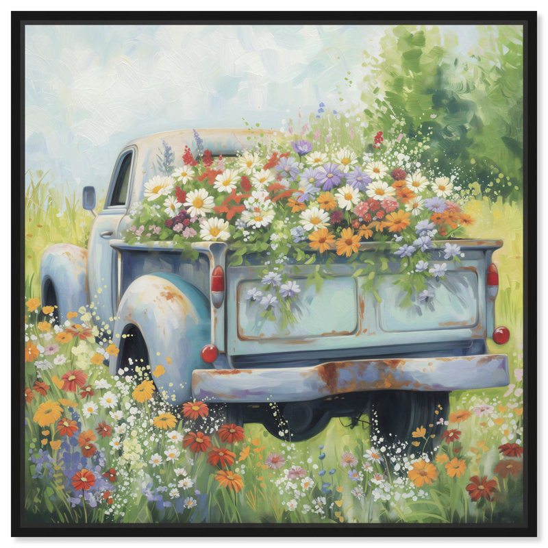 Vintage Trucks And Flowers Chic Farmhouse Wall Art by Art Remedy, Black Framed, 13" H x 13" W