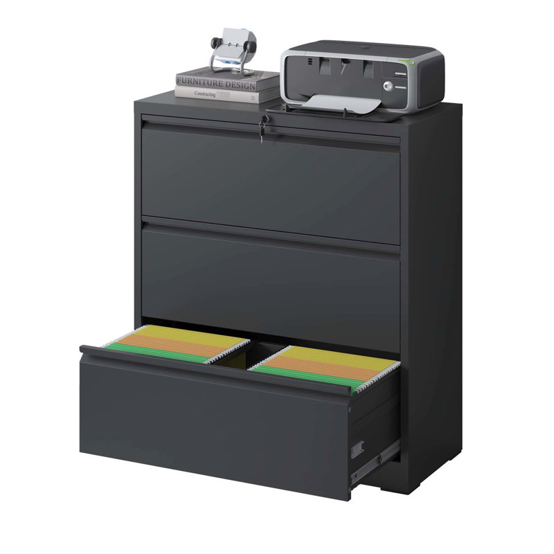 Classeur à 3 tiroirs avec serrure pour bureau à domicile - Fabrication en métal, glissières silencieuses à pleine extension, 110 lb par tiroir, tiroir latéral verrouillable noir mat