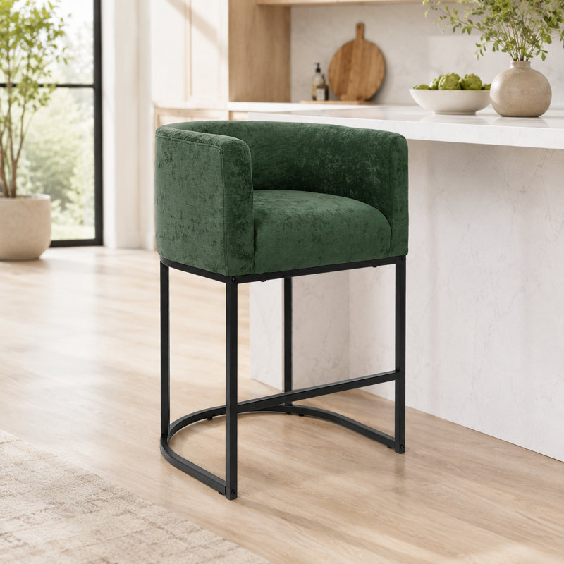 26" Upholstered Counter Height Bar Stool, Green/Black Frame, Black