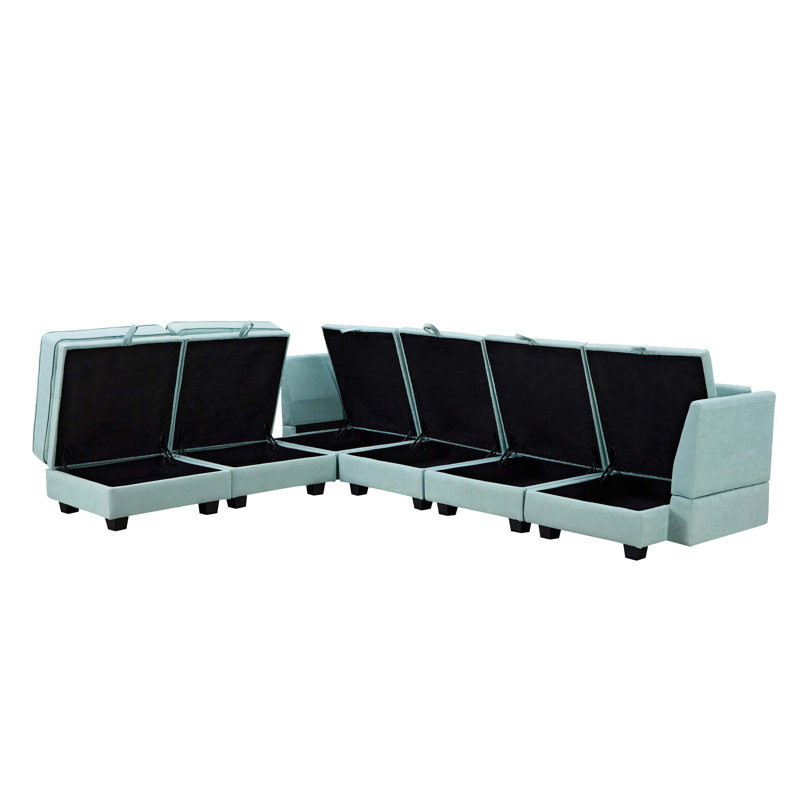 Grand canapé modulaire modulaire en U moderne, canapé-lit convertible avec méridienne réversible, Tissu vert pâle