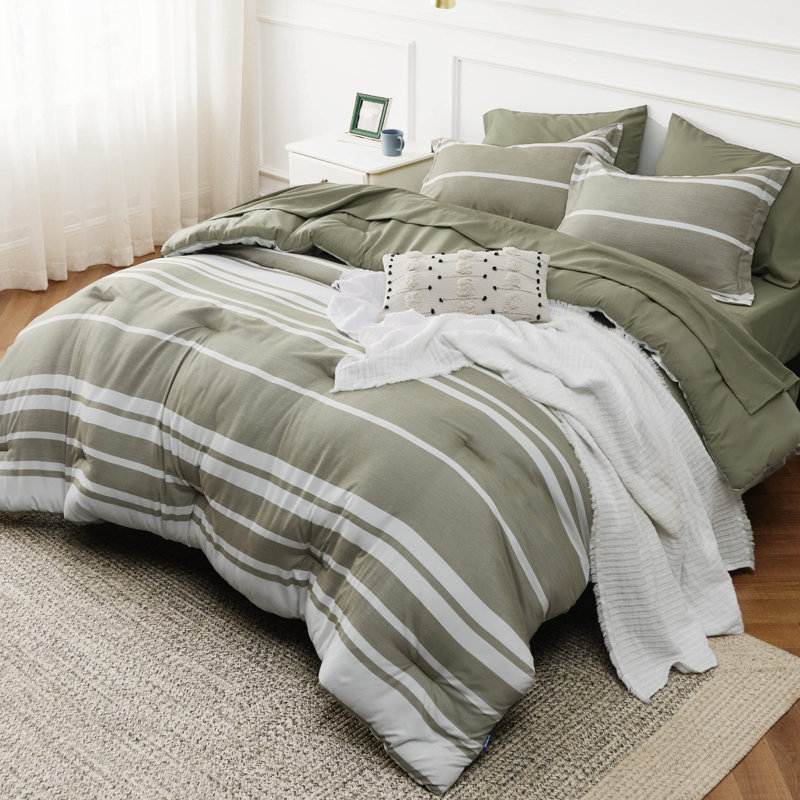 Bedsure Striped All Season Comforter Set, Full Comforter + 6 Additional Pieces, Olive Green