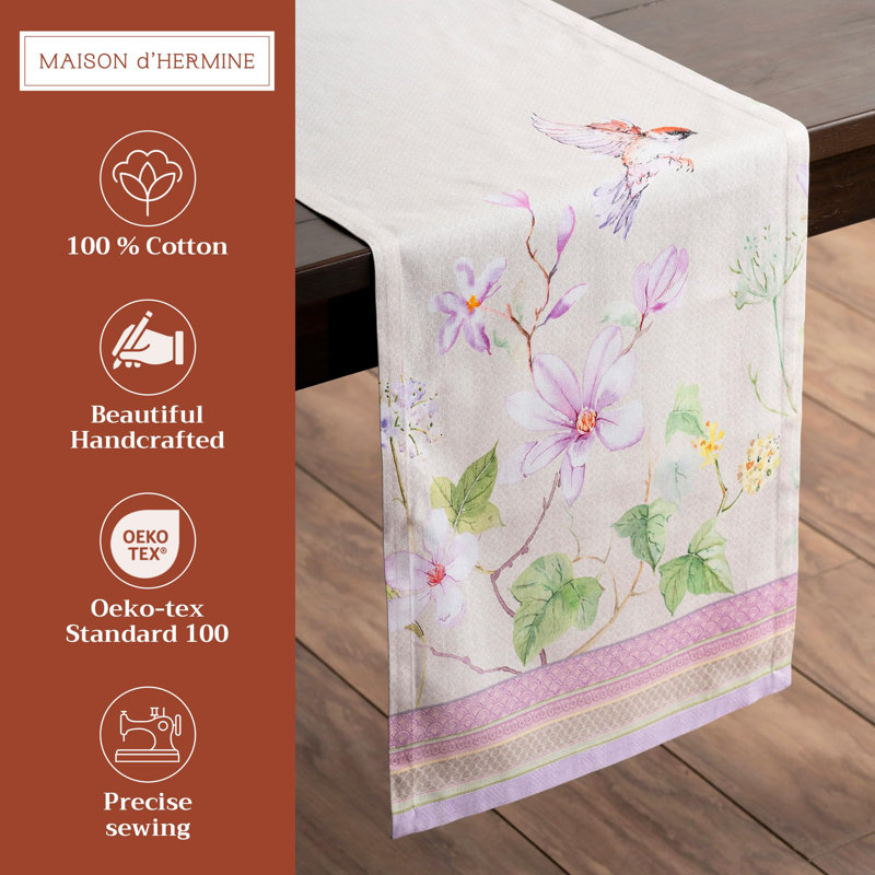Maison d' Hermine Table Runner 100% Cotton Single Layer Table Runners 108 inches Long Decorative for Home Kitchen Dining Valentines Day Decorations Spring Summer (Magnolia Mornings, 14.5" x 108")