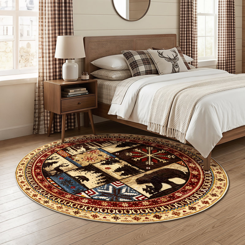 Round Southwestern Brown Non-slip Washable Area Rug, Round 5'