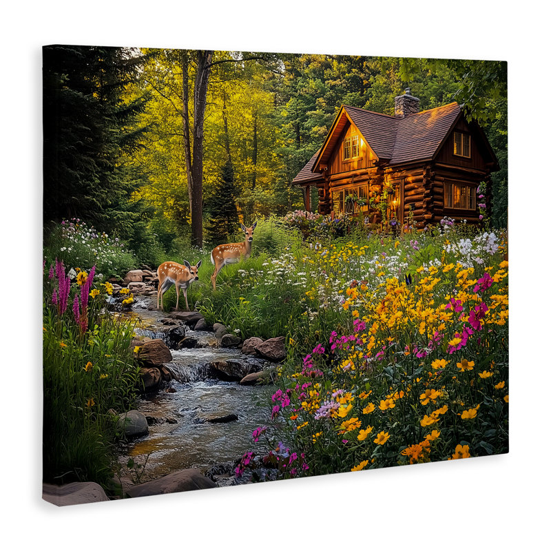 Whitetail visite à la toile de la cabane, conception par Jim Baldwin, H 16 po x l 20 po
