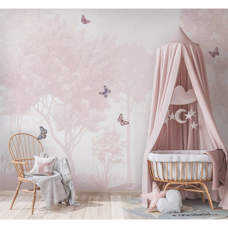 Murale de chambre de bébé rose forêt brumeuse | Papillon peler et coller Papier peint | Décoration murale amovible pour filles