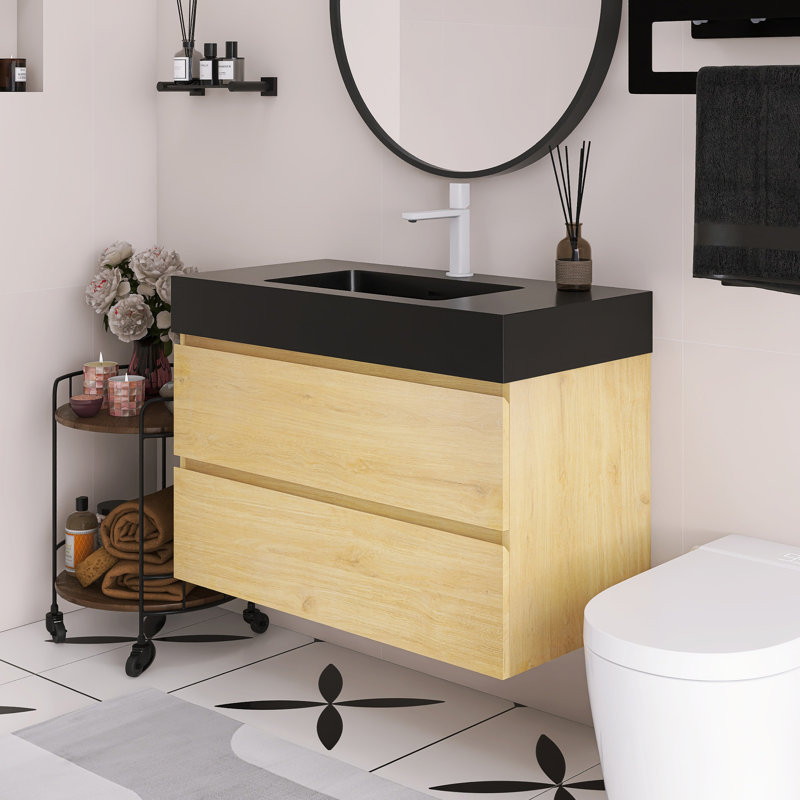 Meuble-lavabo flottant mural 36 po avec lavabo, Noir, Chêne naturel