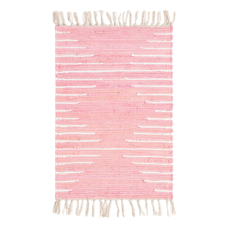 Tapis rose / blanc en coton tissé à la main, Rectangle 2 pi x 3 pi 1 po
