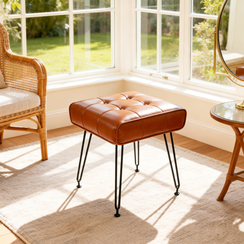 Smelser 17" H Faux Leather Upholstered Vanity Stool with Metal Legs, Brown