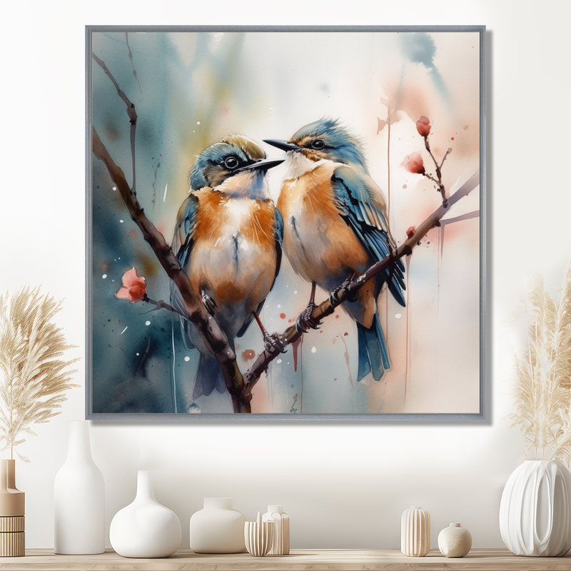 Oiseaux bleus assis sur une branche d'arbre III - Art mural floral, H 30 po x l 30 po, Encadrement argenté