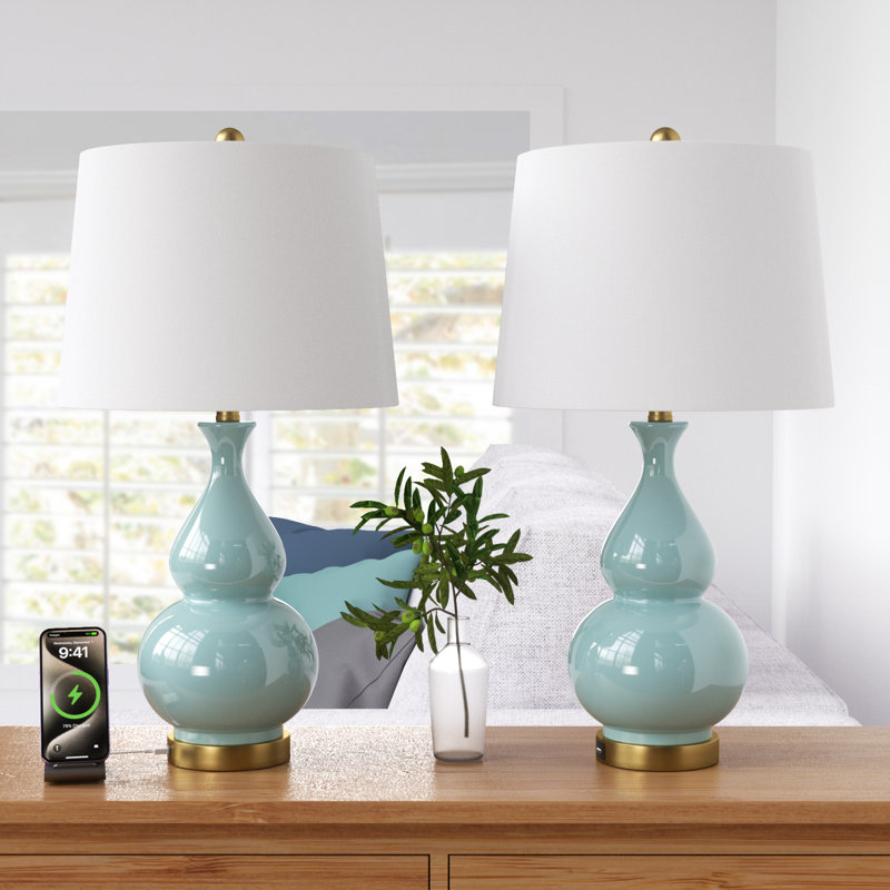 Conyers 26.5" H 1-Light Ceramic Table Lamp with USB Port and 3-Way Dimming (Set of 2), Pale Blue/Greenish Seafoam