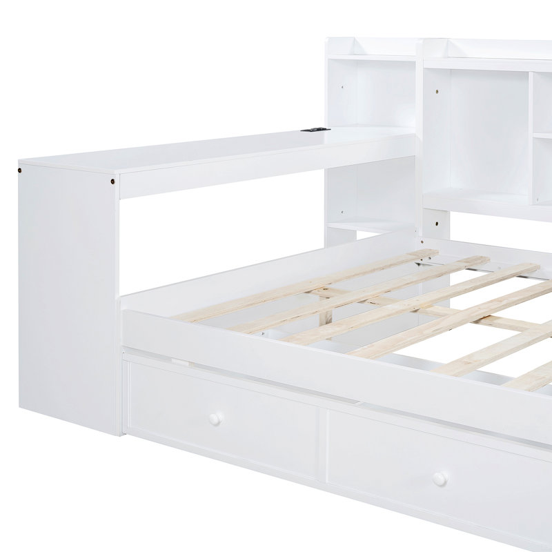 Lit de jour en bois double avec 3 tiroirs, ports USB et bureau, Complet/Double, Blanc