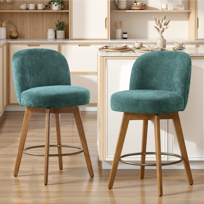 26" Swivel Upholstered Counter Stool With Solid Wood Frame And Mid Back, Dark Green/Chenille