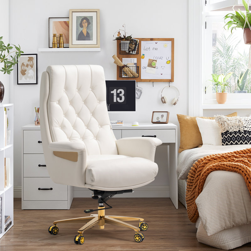 Fauteuil de bureau Kinnls Cellier Massage, fauteuils de direction modernes en cuir véritable pour bureaux, fauteuils inclinables ergonomiques de bureau, verrou inclinable à hauteur réglable, blanc